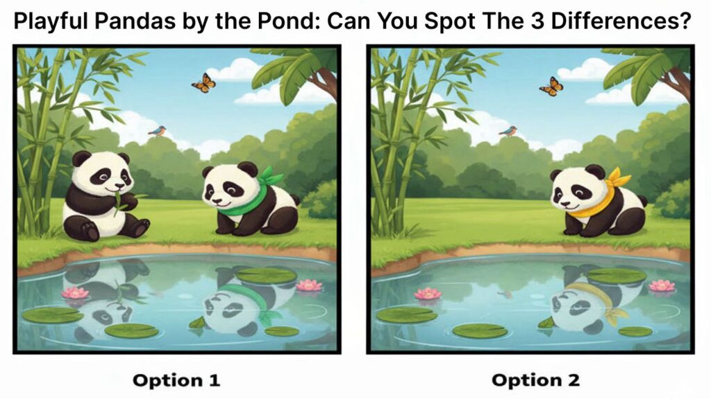 Playful Pandas by the Pond: Can You Spot the 3 Hidden Differences?
